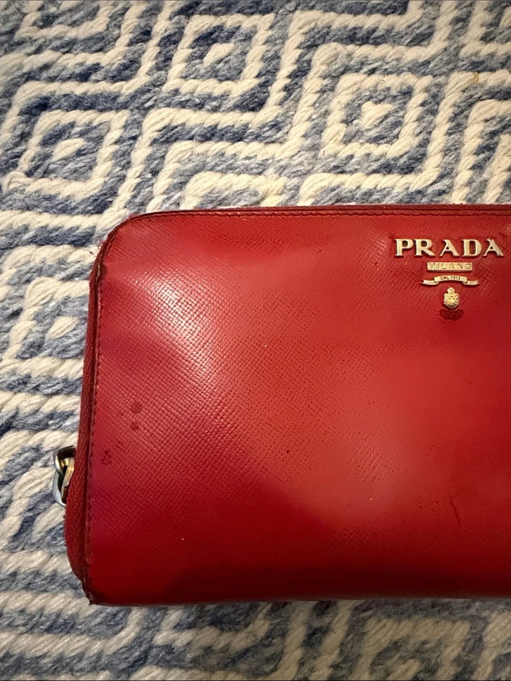 Prada Red Leather Zip-Around Wallet with Gold Logo